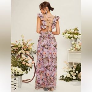 SHEIN VCAY Floral Print Sweetheart Neck Lace Up Backless Ruffle Trim Dress